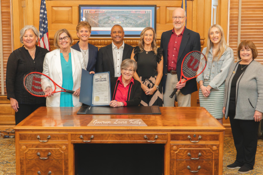 Kansas Gov. Laura Kelly declared May as National Tennis Month via a state proclamation with USTA representation on hand.